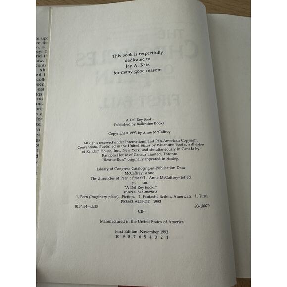 The Chronicles of Pern: First Fall, Ann McCaffrey HC/First Ed/DJ/VTG 1993 Sci Fi - Picture 2 of 13